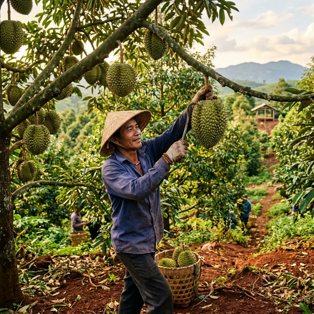 A farming partner harvesting durian in Di Linh
