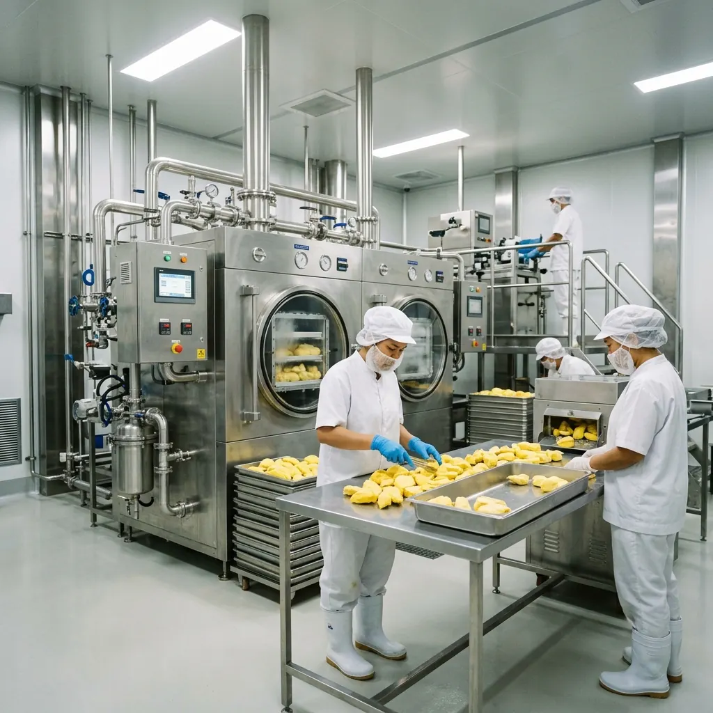 Freeze-dried durian being checked in the production facility