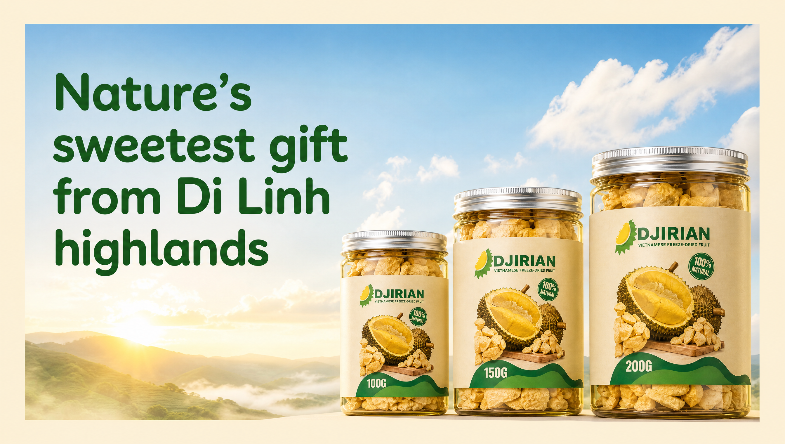 Djirian 100g, 150g, and 200g freeze-dried durian packs